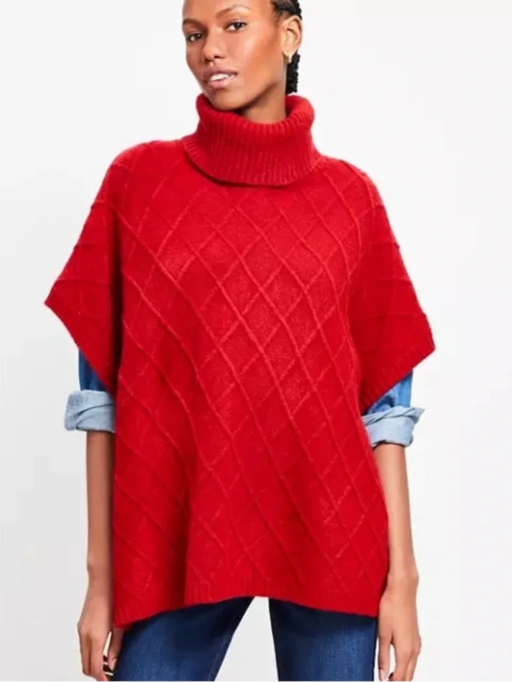 Loft Red Lattice Cable-Knit Turtleneck Sweater Poncho XS/S NWT